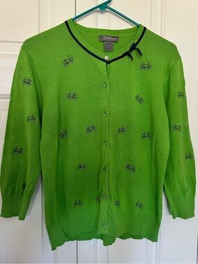 Vintage SML Design Bright Green Cardigan with Navy Bicycle Embroidery